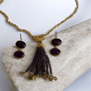 Hand made Gold & purple Tassel Necklace & earrings